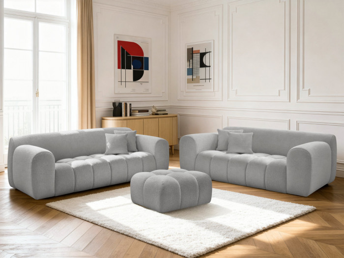 Ensemble canapé droit fixe 3 + 2 places MELISSE tissu chiné avec pouf