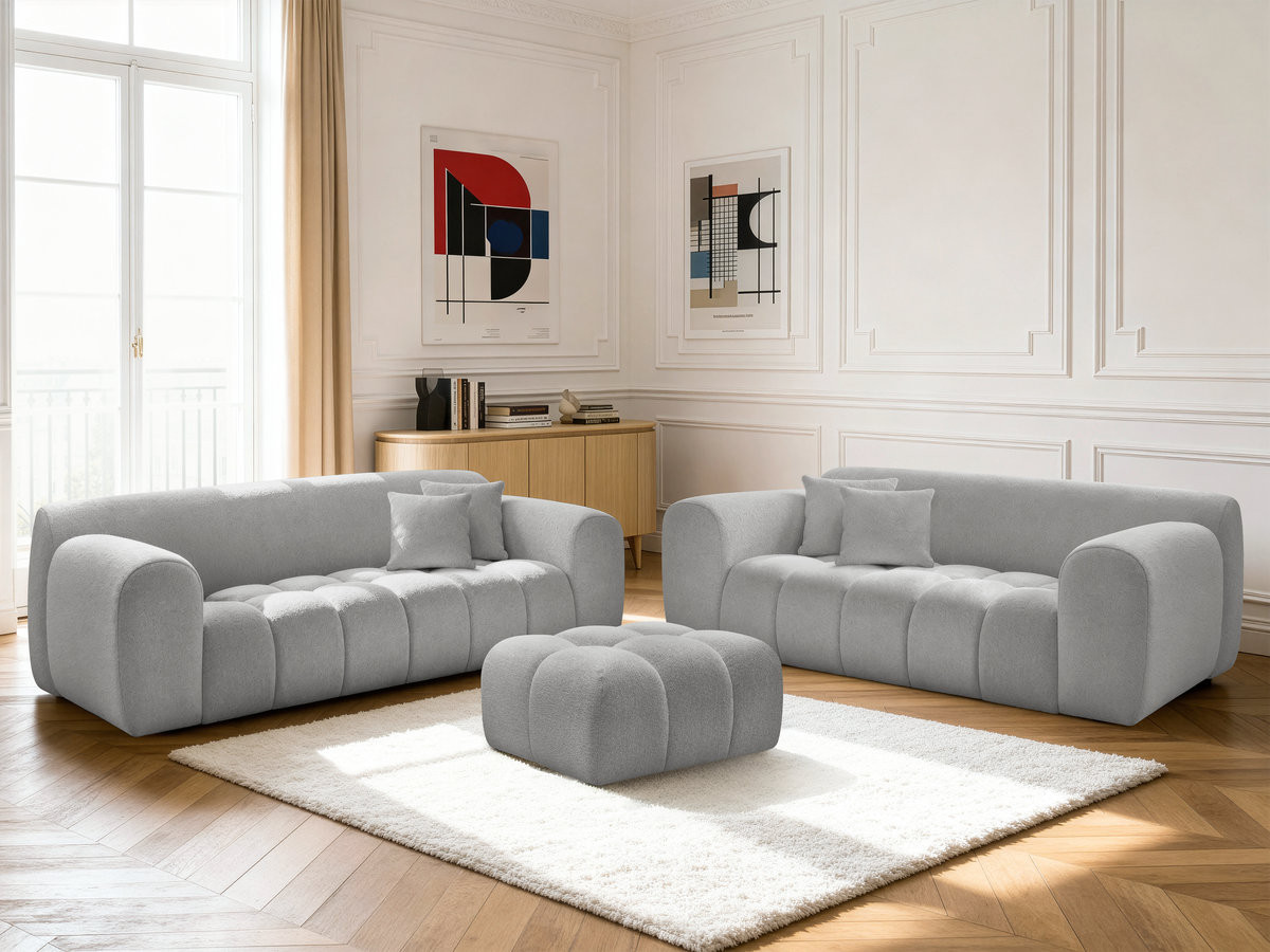 Ensemble canapé droit 3 + 2 places MELISSE chiné avec pouf gris clair