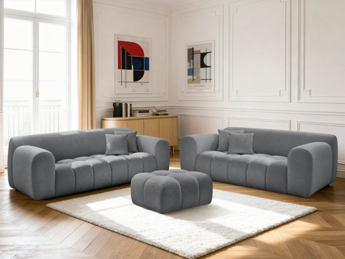 Ensemble canapé droit fixe 3 + 2 places MELISSE tissu chiné avec pouf