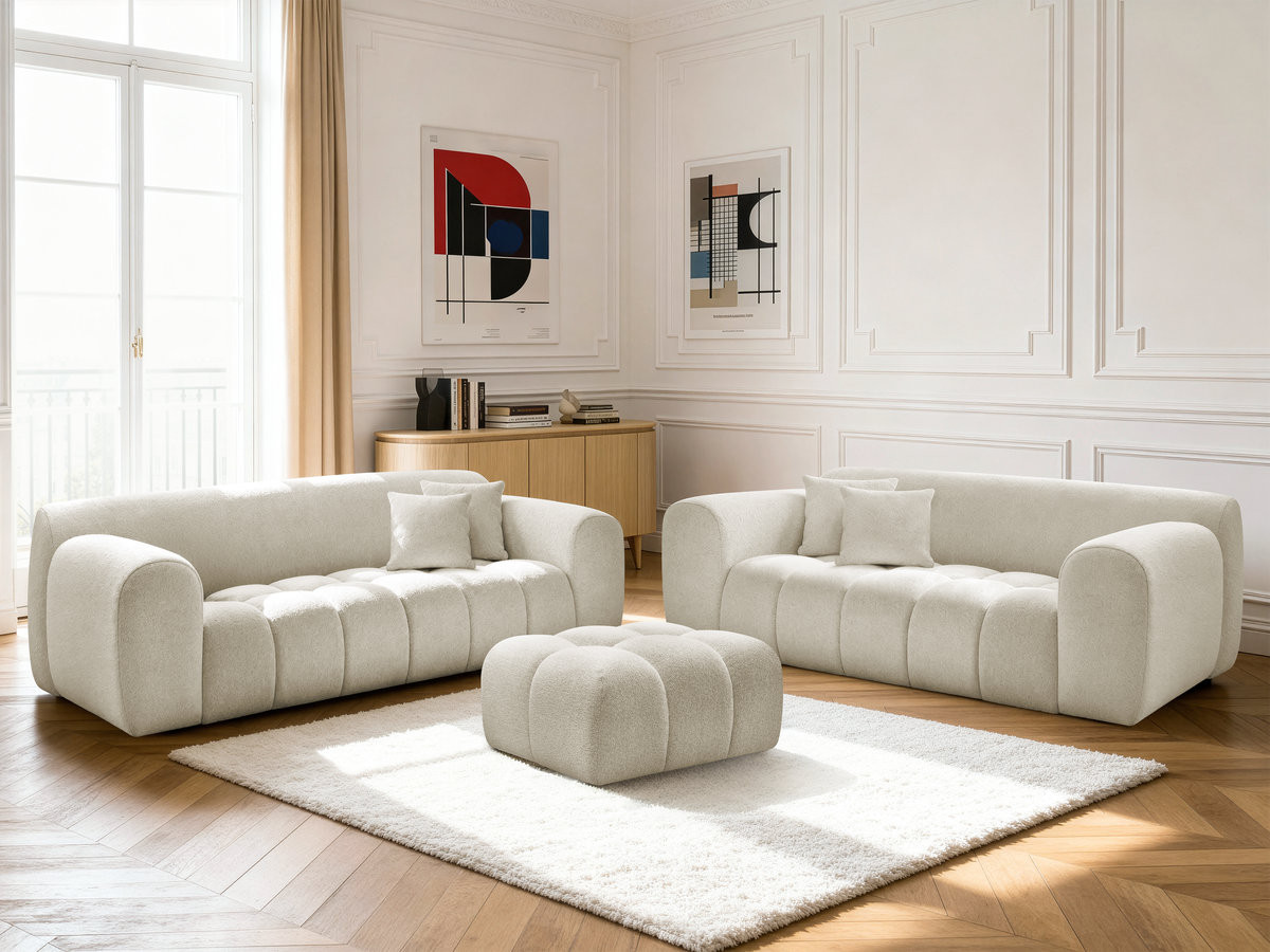 Ensemble canapé droit 3 + 2 places MELISSE chiné avec pouf blanc
