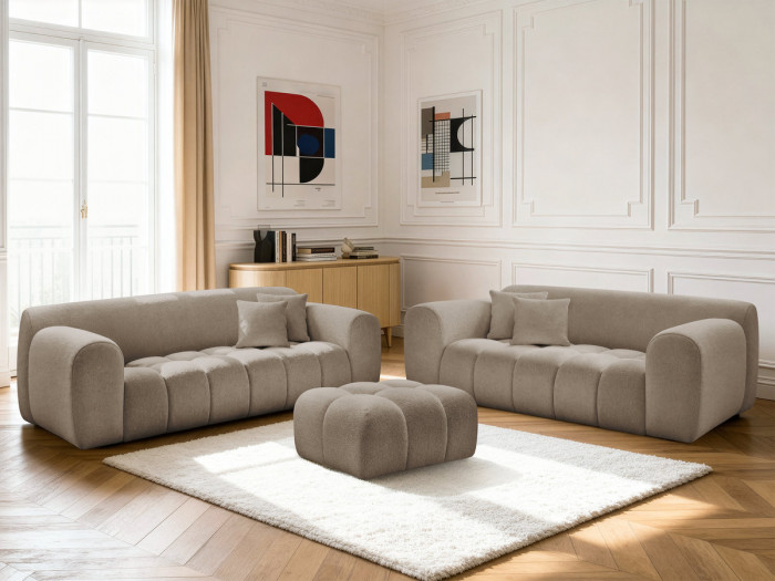 Ensemble canapé droit fixe 3 + 2 places MELISSE tissu chiné avec pouf