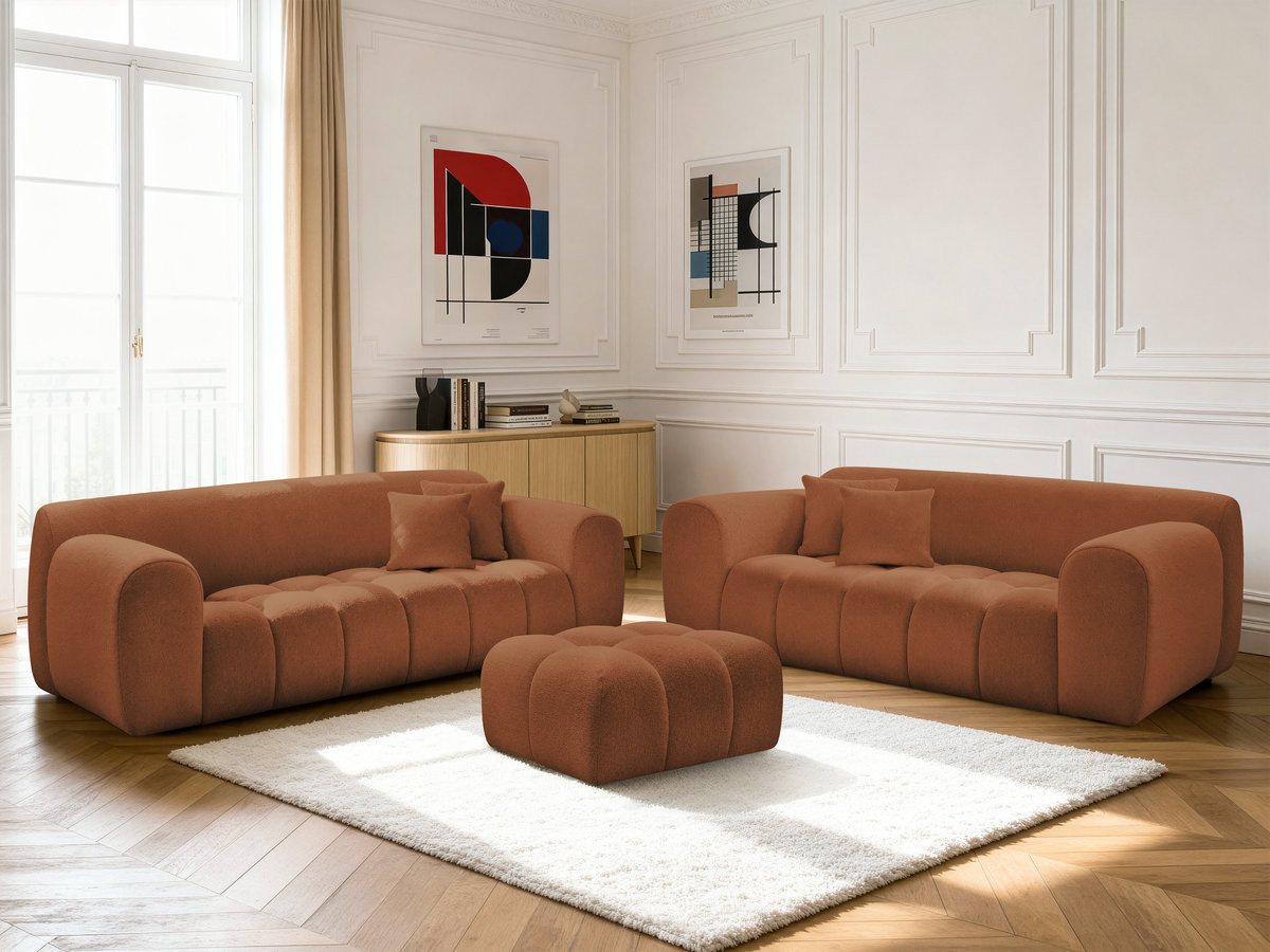 Ensemble canapé droit 3 + 2 places MELISSE chiné avec pouf orange