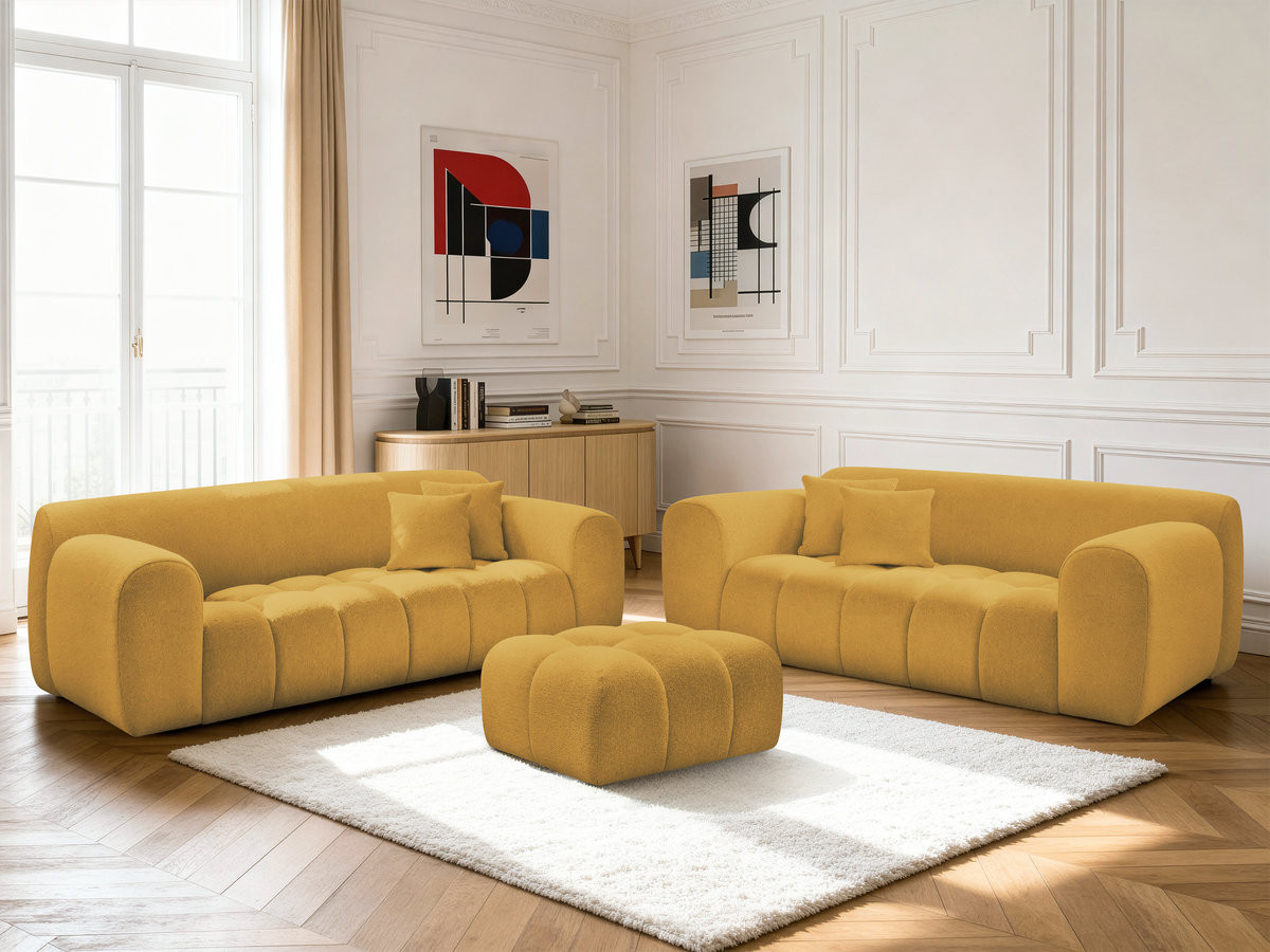 Ensemble canapé droit 3 + 2 places MELISSE chiné avec pouf jaune