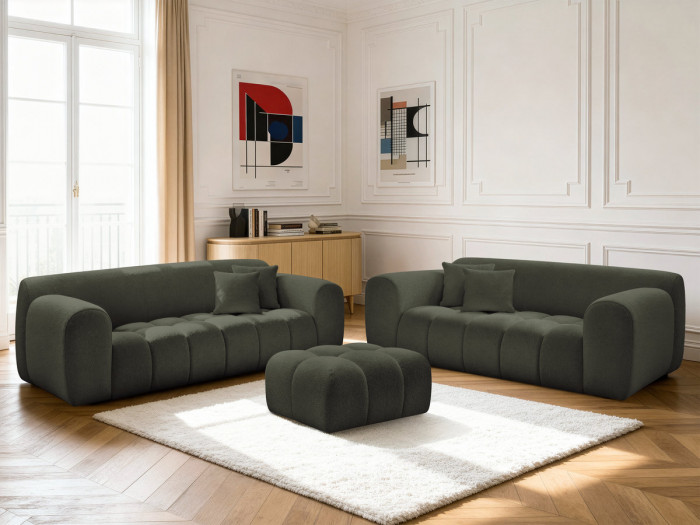 Ensemble canapé droit fixe 3 + 2 places MELISSE tissu chiné avec pouf