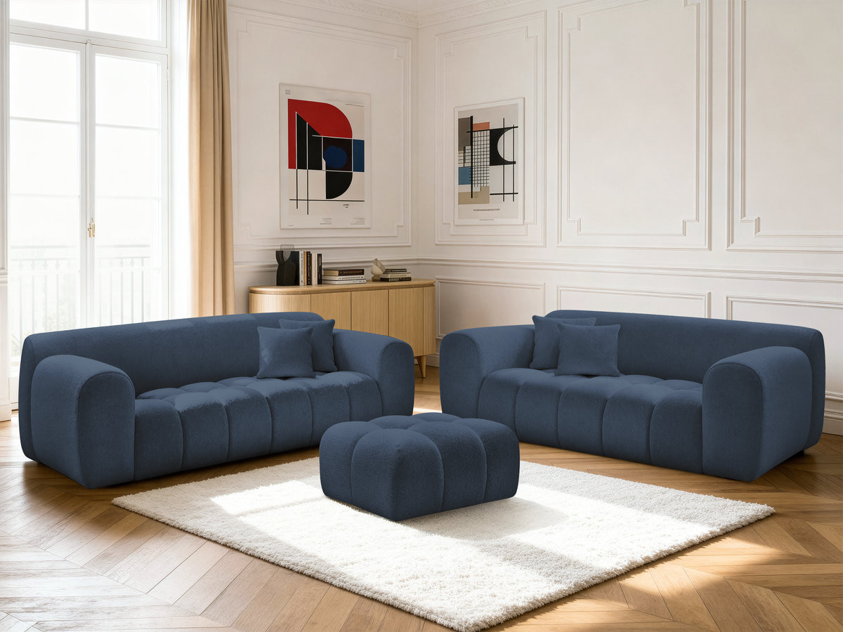 Ensemble canapé droit 3 + 2 places MELISSE chiné avec pouf bleu