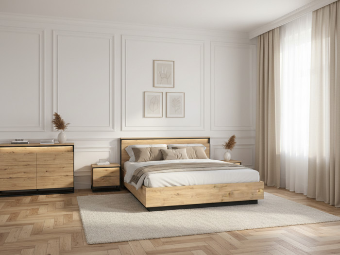 Ensemble KYRIA avec Lit coffre + Commode + 2 chevets