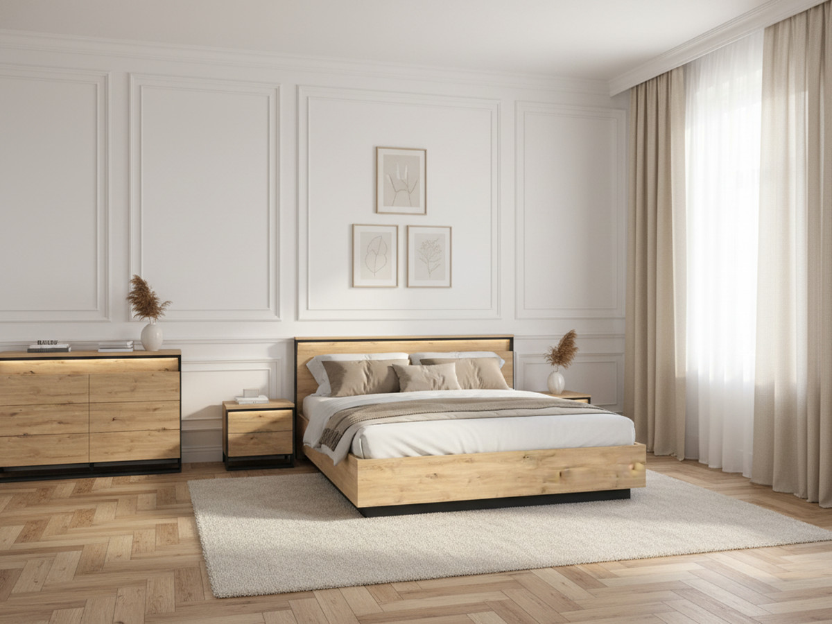 Ensemble KYRIA avec Lit coffre + Commode + 2 chevets