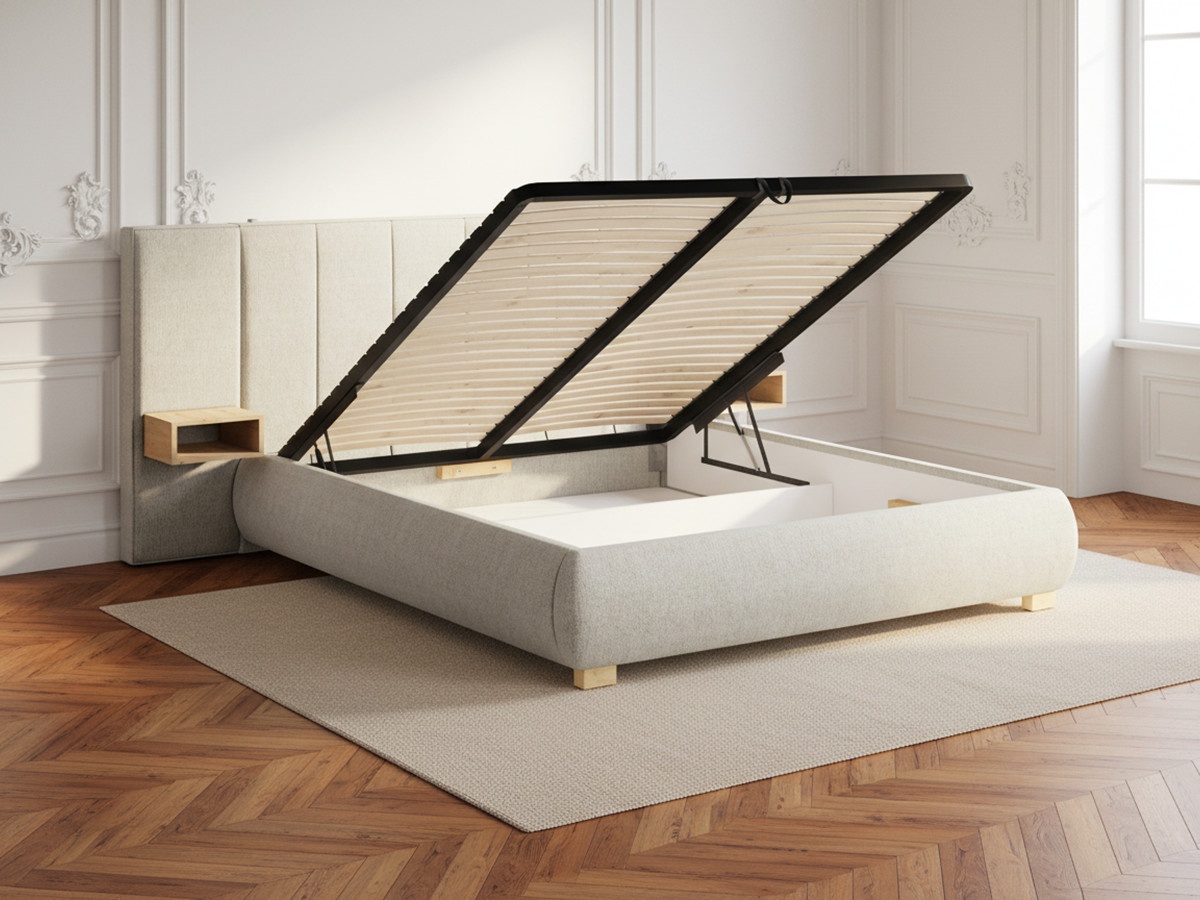 ALOE opbergbed met gestoffeerd hoofdbord, nachtkastjes en geïntegreerde led-verlichting