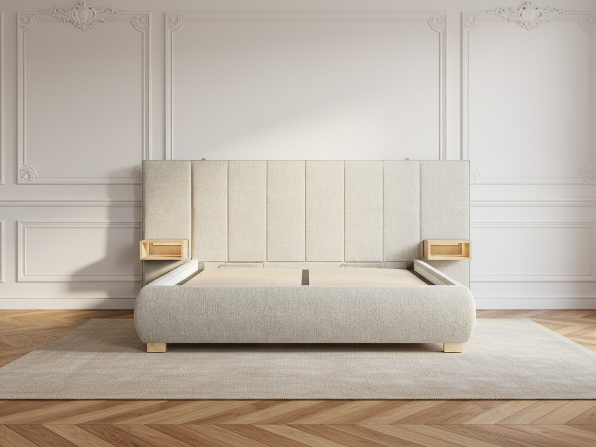 Lit coffre ALOE avec tête de lit capitonnée chevets et LED intégrées beige — vue 6