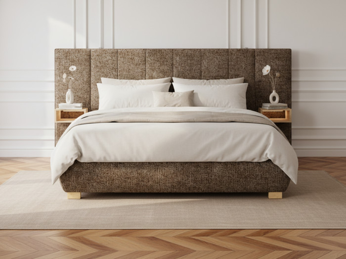 Lit coffre ALOE avec tête de lit capitonnée chevets et LED intégrées