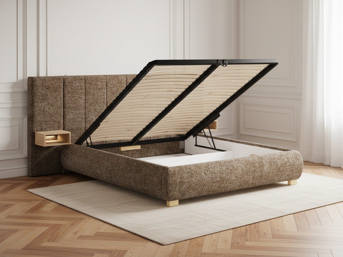 ALOE opbergbed met gestoffeerd hoofdbord, nachtkastjes en geďntegreerde led-verlichting