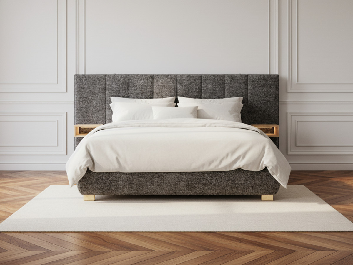 Lit coffre ALOE avec tête de lit capitonnée chevets et LED intégrées gris — vue 4