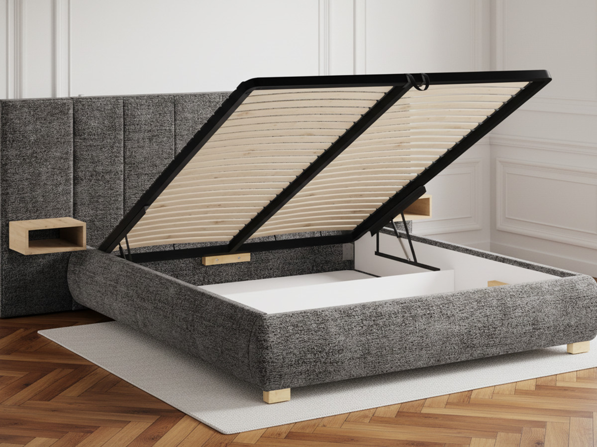 ALOE opbergbed met gestoffeerd hoofdbord, nachtkastjes en geïntegreerde led-verlichting