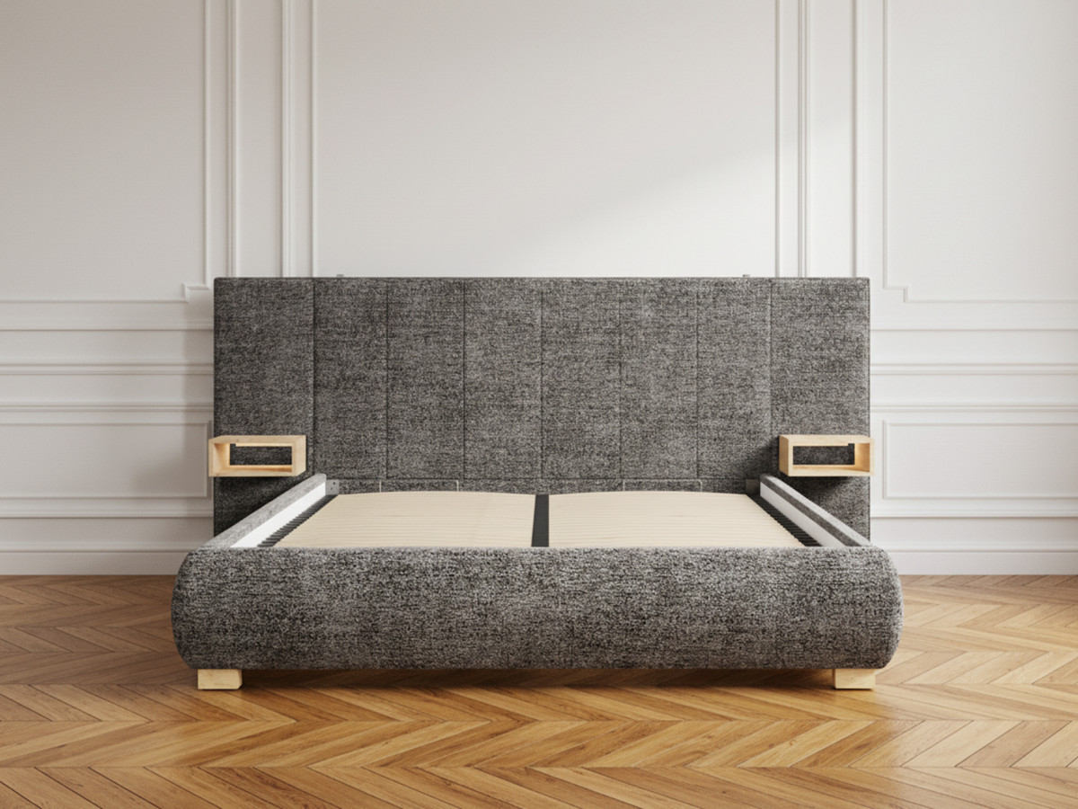 Lit coffre ALOE avec tête de lit capitonnée chevets et LED intégrées gris — vue 6
