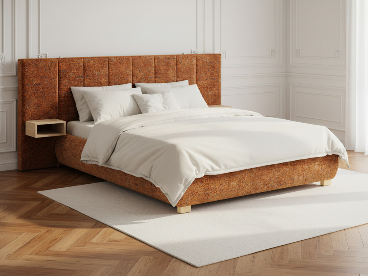 Lit coffre ALOE avec tête de lit capitonnée chevets et LED intégrées orange — vue 4