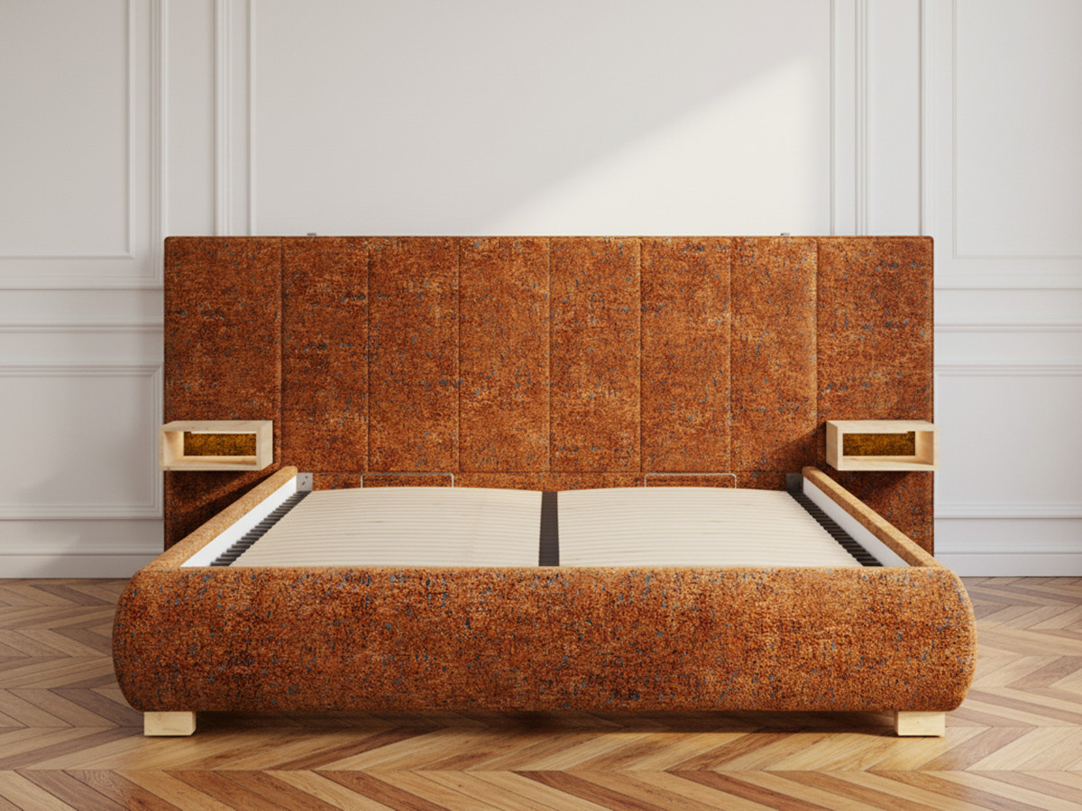 Lit coffre ALOE avec tête de lit capitonnée chevets et LED intégrées orange — vue 5