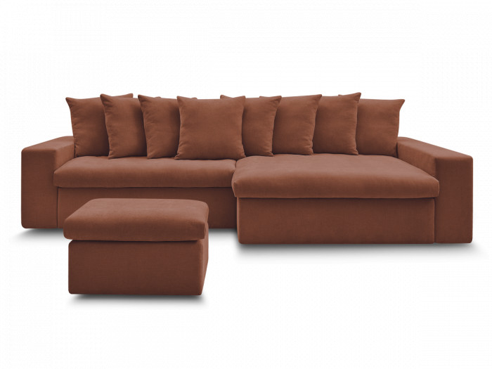 Canapé d'angle fixe ENORE tissu lisse avec pouf