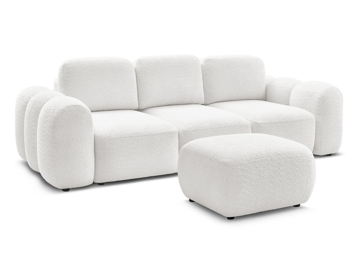 canapé droit convertible coffre 3 places montaigne tissu bouclette avec pouf gekleurd blanc