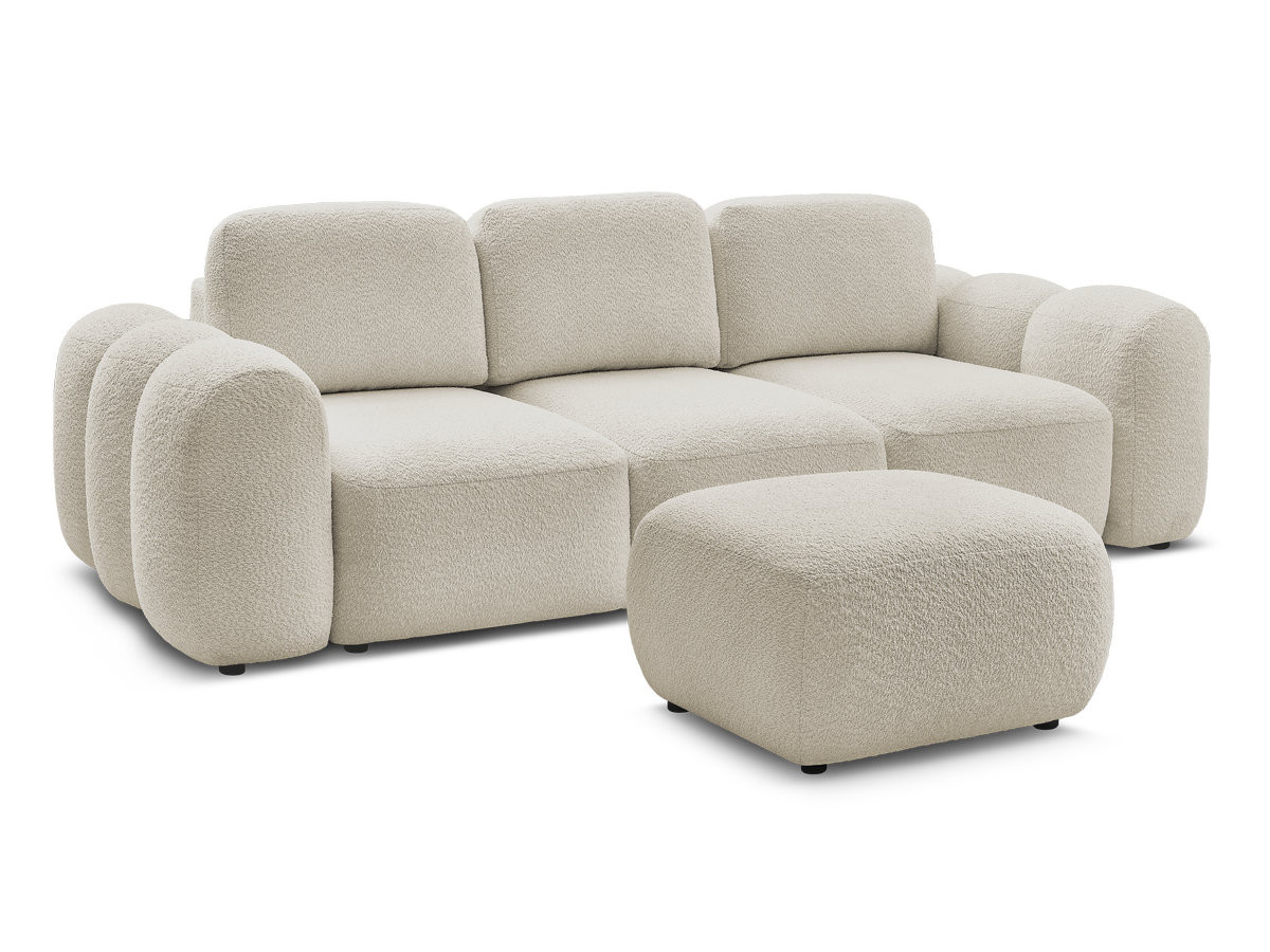 canapé droit convertible coffre 3 places montaigne tissu bouclette avec pouf gekleurd beige