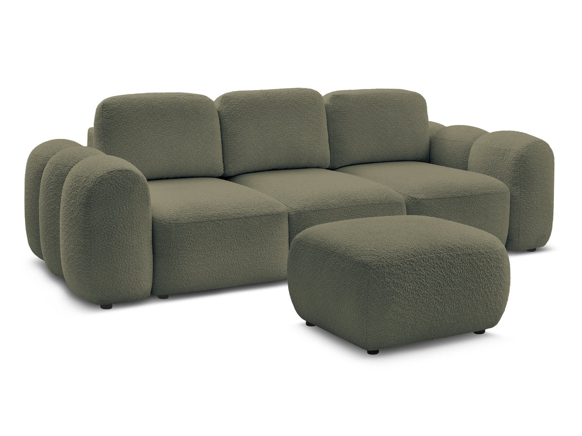 Canapé droit convertible coffre 3 places MONTAIGNE tissu bouclette avec pouf