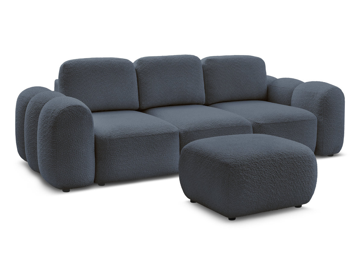 canapé droit convertible coffre 3 places montaigne tissu bouclette avec pouf gekleurd bleu foncé