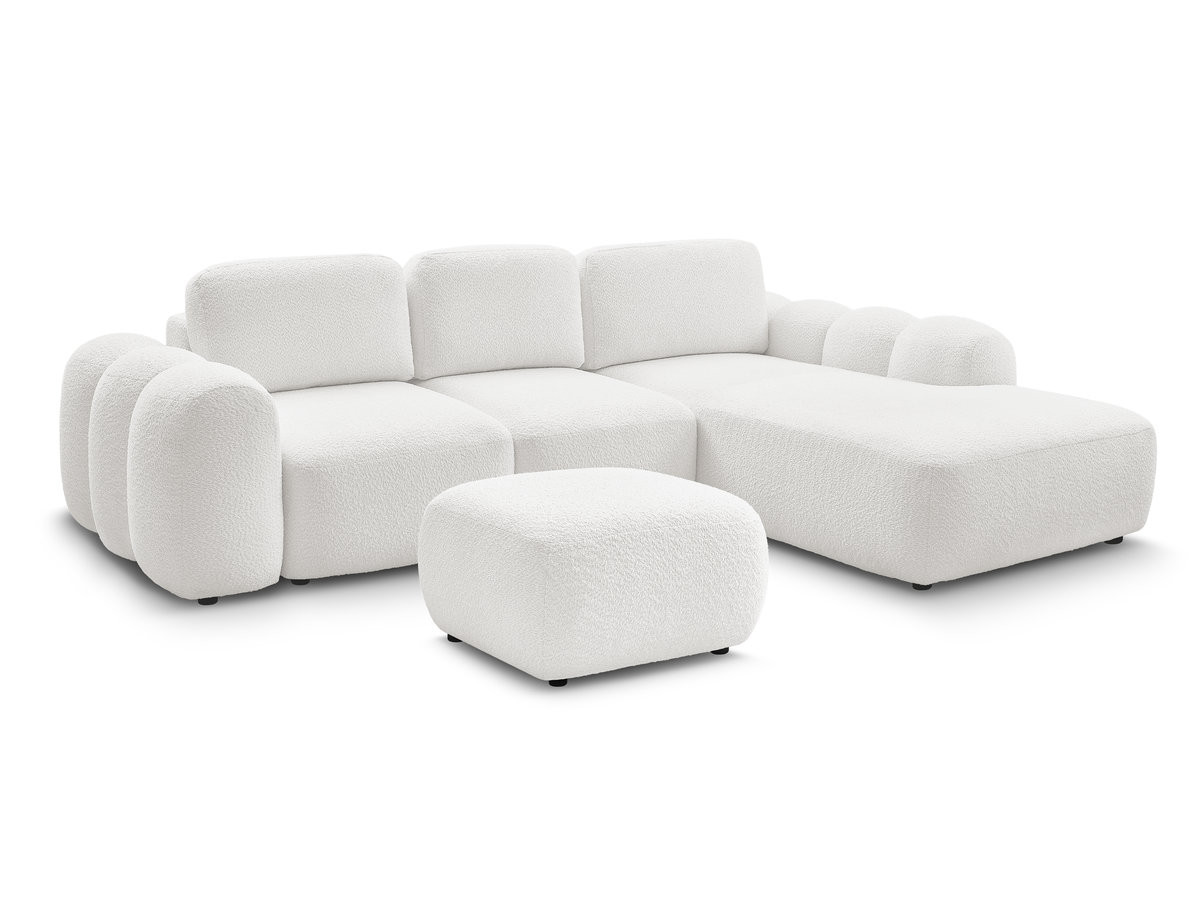 Canapé d'angle convertible coffre grande méridienne MONTAIGNE tissu bouclette avec pouf