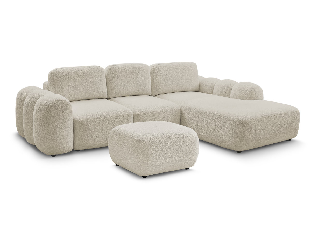 Canapé d'angle convertible coffre grande méridienne MONTAIGNE tissu bouclette avec pouf