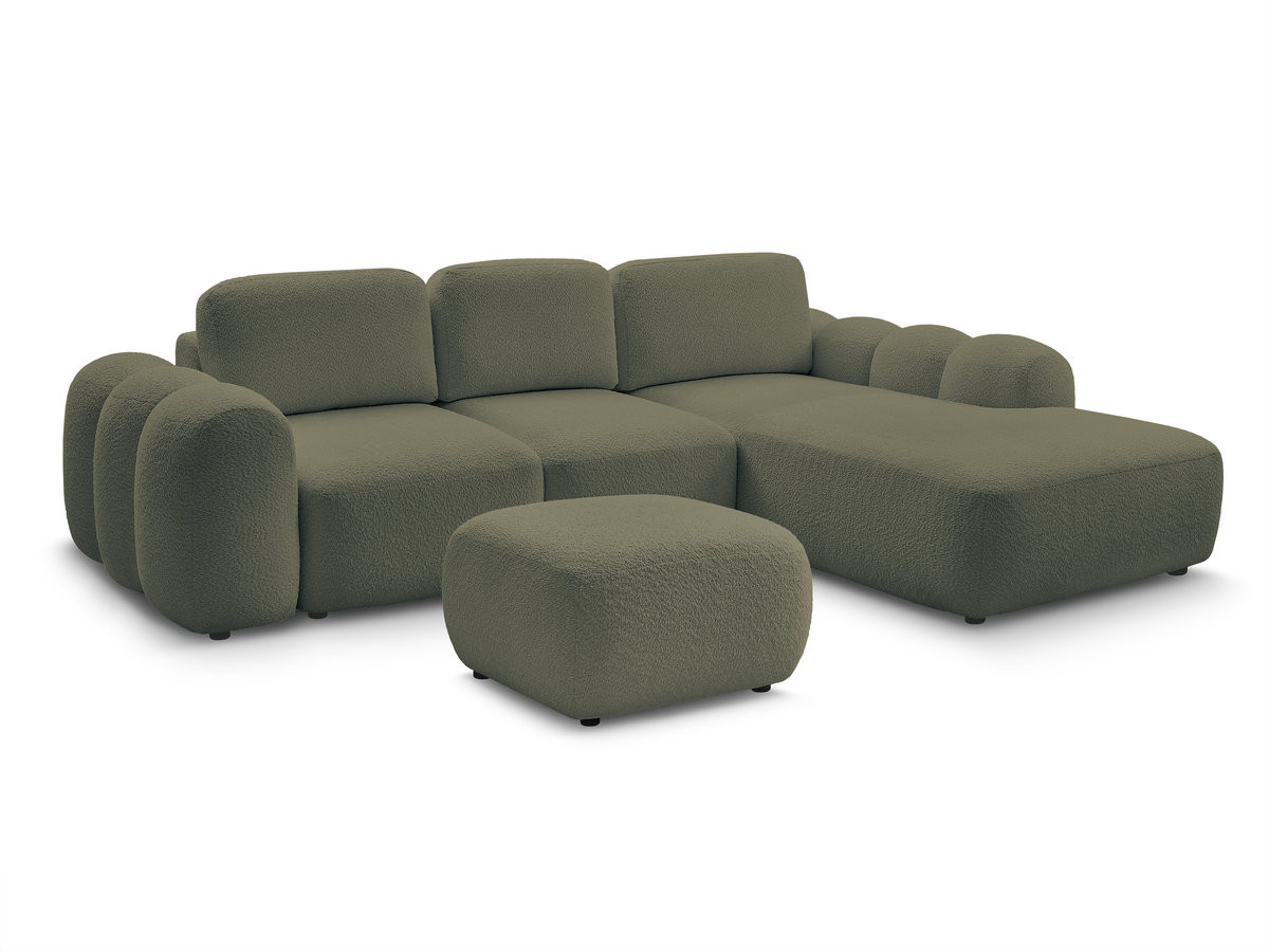 canapé d'angle convertible coffre grande méridienne montaigne tissu bouclette avec pouf gekleurd vert