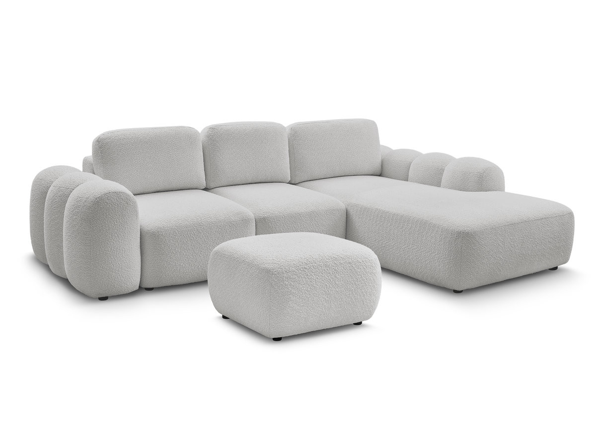 Canapé d'angle convertible coffre grande méridienne MONTAIGNE tissu bouclette avec pouf