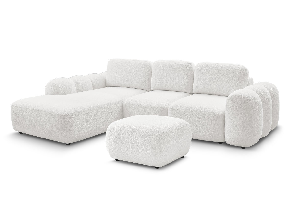 Canapé d'angle convertible coffre grande méridienne MONTAIGNE tissu bouclette avec pouf