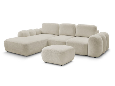 Canapé d'angle convertible coffre grande méridienne MONTAIGNE tissu bouclette avec pouf