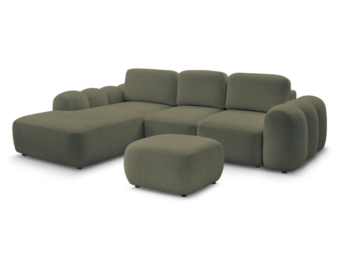 canapé d'angle convertible coffre grande méridienne montaigne tissu bouclette avec pouf gekleurd vert