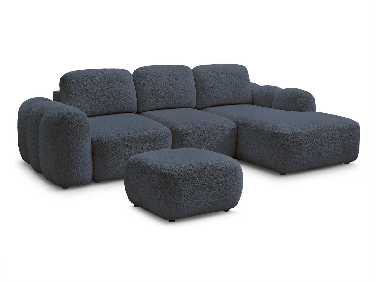 canapé d'angle convertible coffre montaigne tissu bouclette avec pouf gekleurd bleu foncé