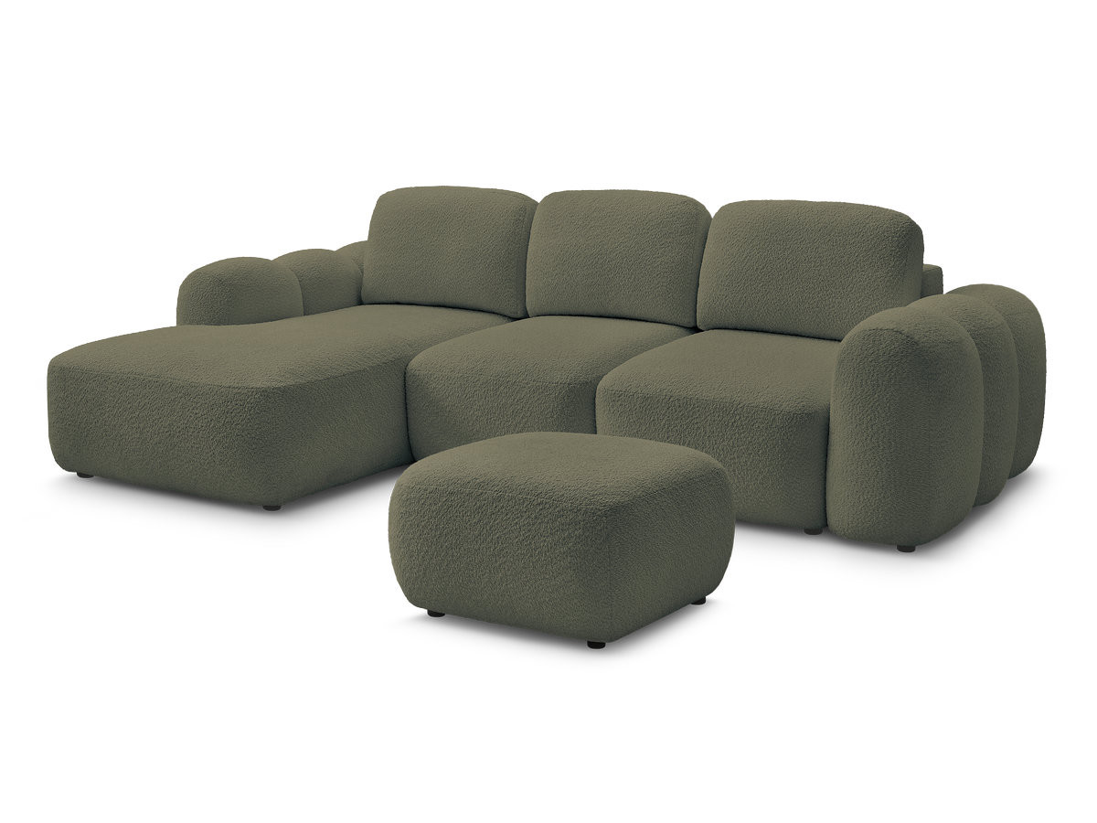 canapé d'angle convertible coffre montaigne tissu bouclette avec pouf gekleurd vert