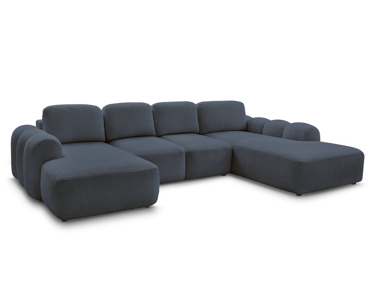canapé panoramique convertible coffre montaigne tissu bouclette de couleur bleu foncé