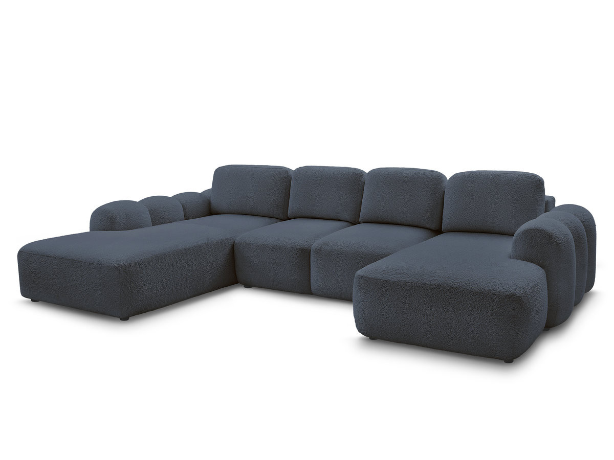 canapé panoramique convertible coffre montaigne tissu bouclette de couleur bleu foncé