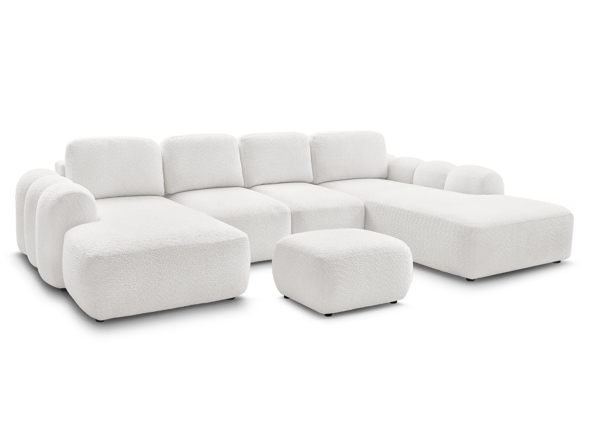 canapé panoramique convertible coffre montaigne tissu bouclette avec pouf de couleur blanc