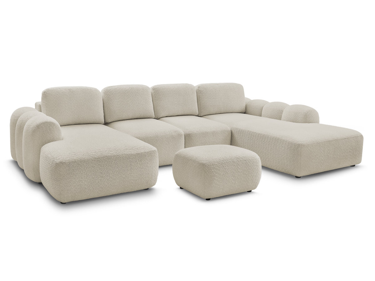canapé panoramique convertible coffre montaigne tissu bouclette avec pouf de couleur beige