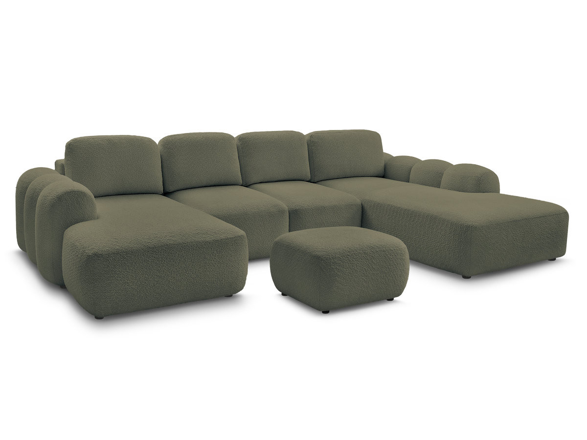 canapé panoramique convertible coffre montaigne tissu bouclette avec pouf de couleur vert