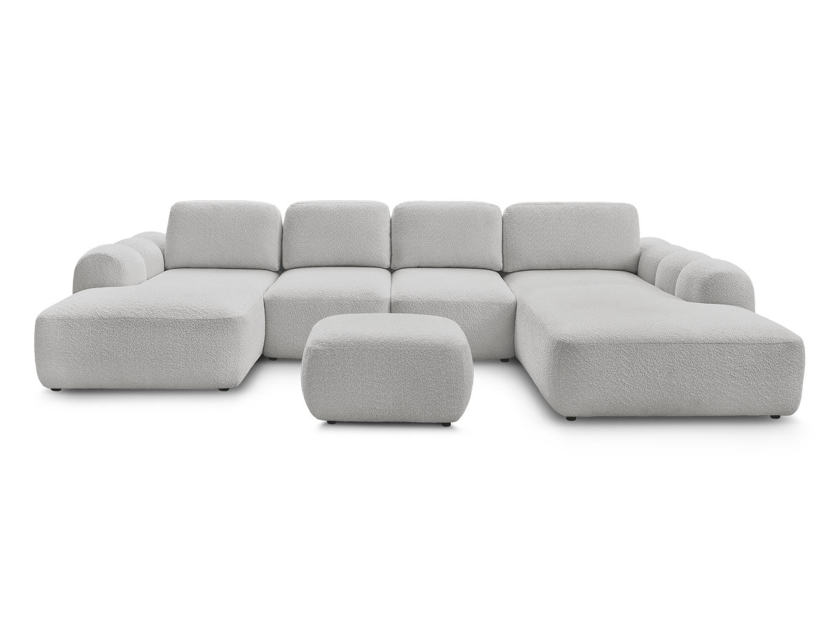 MONTAIGNE panoramische slaapbank met opbergruimte, bouclé stof en voetenbank.