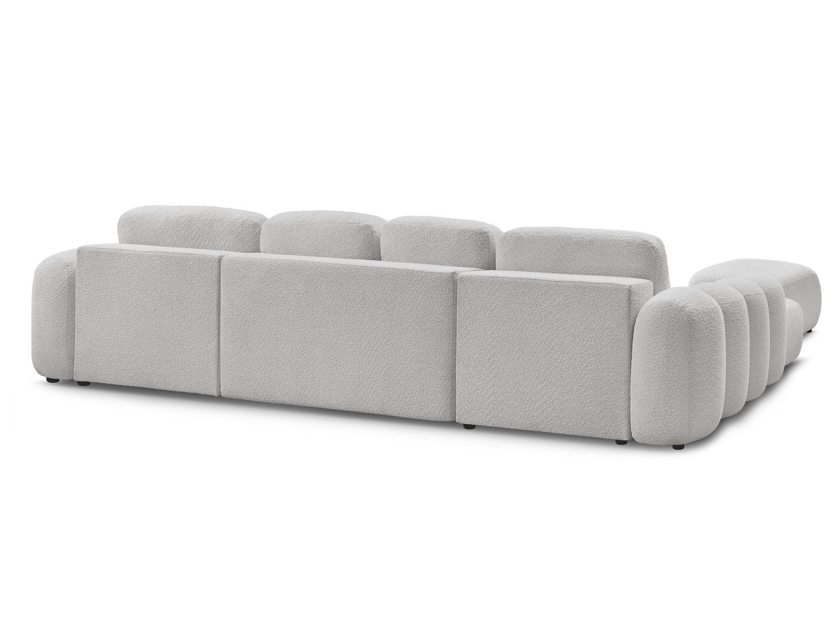 MONTAIGNE panoramische slaapbank met opbergruimte, bouclé stof en voetenbank.