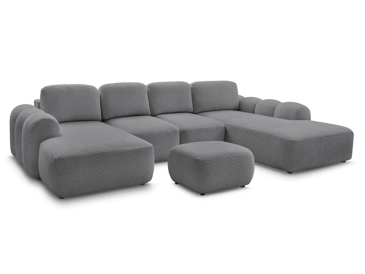 canapé panoramique convertible coffre montaigne tissu bouclette avec pouf de couleur gris foncé