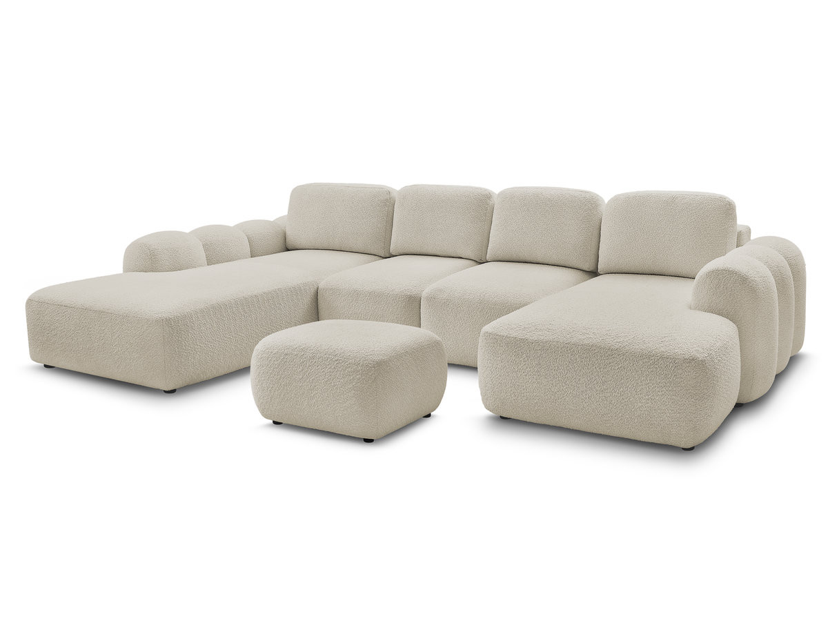 canapé panoramique convertible coffre montaigne tissu bouclette avec pouf de couleur beige