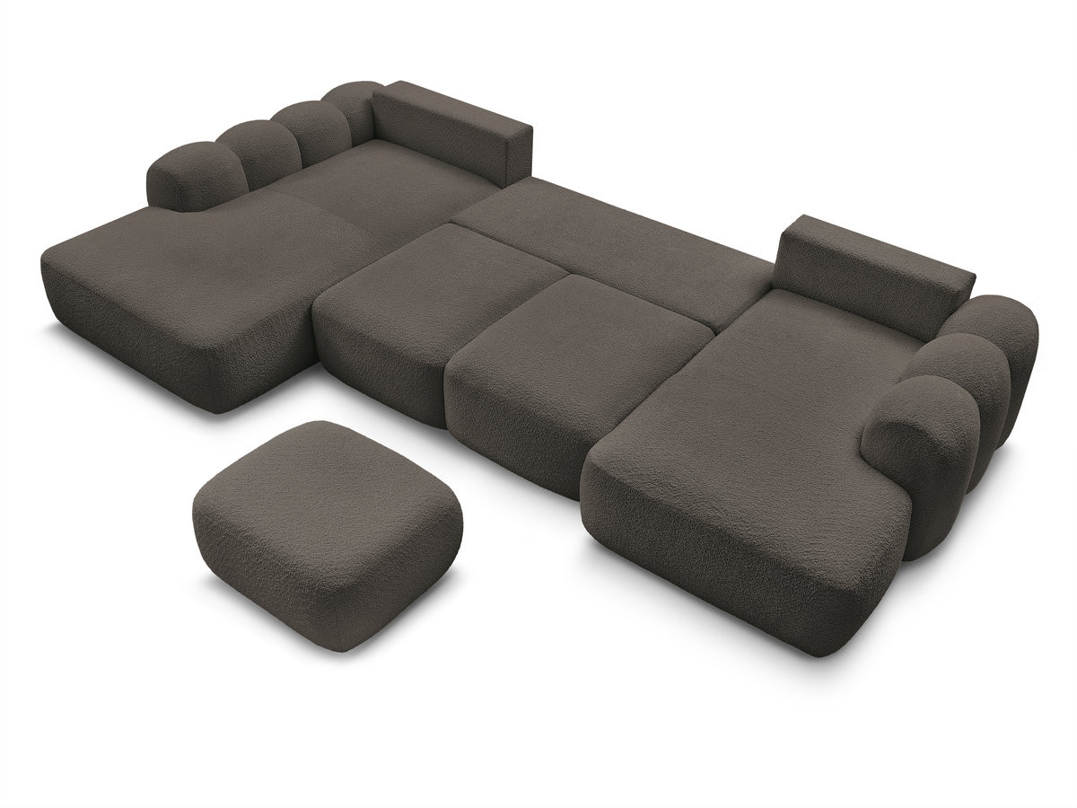 Canapé panoramique convertible coffre MONTAIGNE tissu bouclette avec pouf