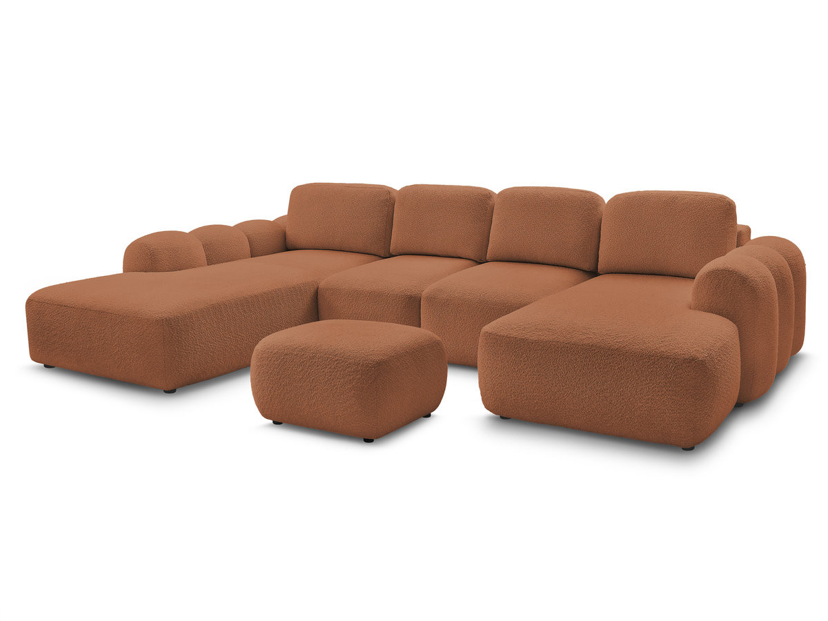 canapé panoramique convertible coffre montaigne tissu bouclette avec pouf de couleur orange