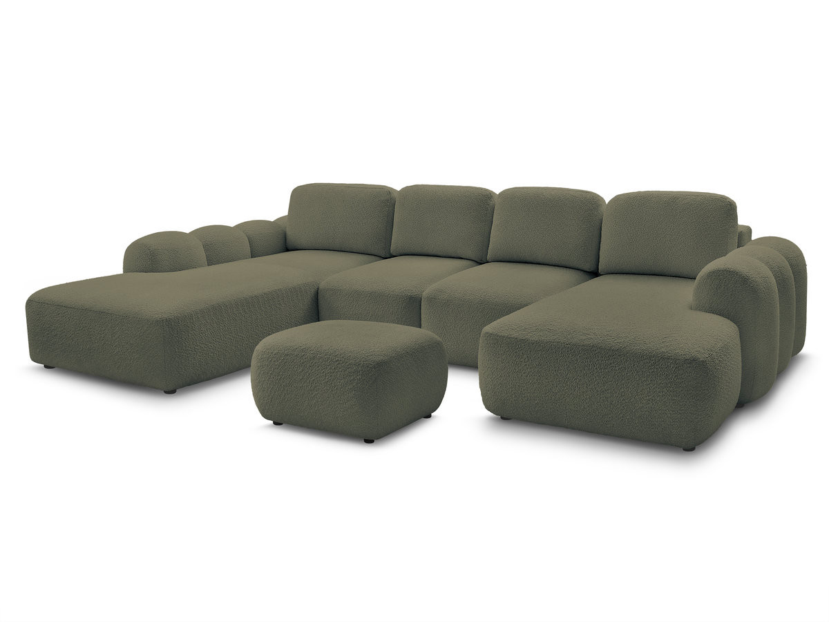 canapé panoramique convertible coffre montaigne tissu bouclette avec pouf de couleur vert