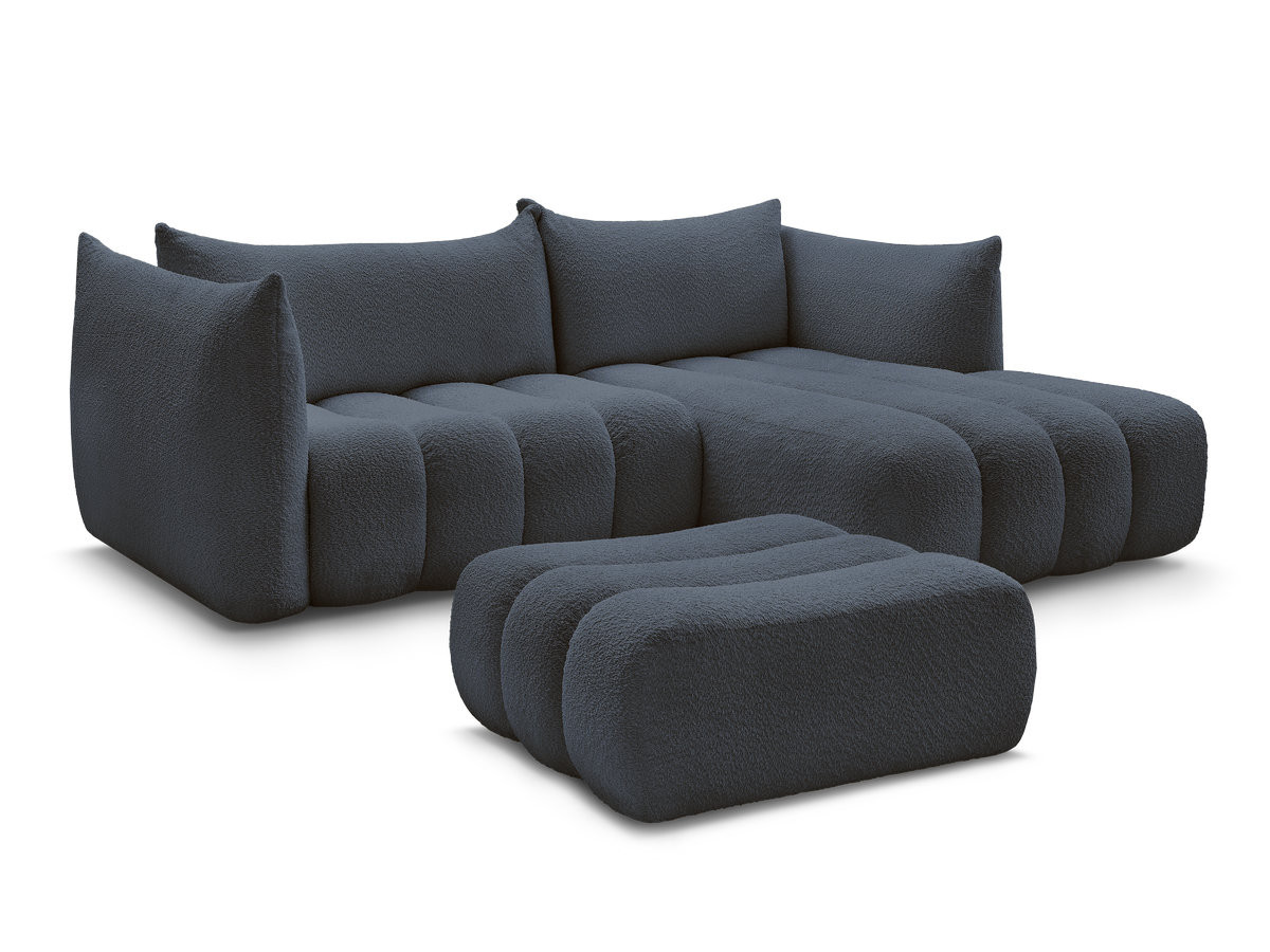 canapé d'angle fixe azra tissu bouclette avec pouf de couleur bleu foncé