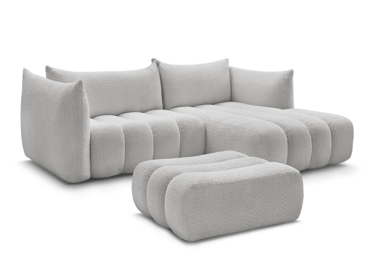 canapé d'angle fixe azra tissu bouclette avec pouf de couleur gris clair