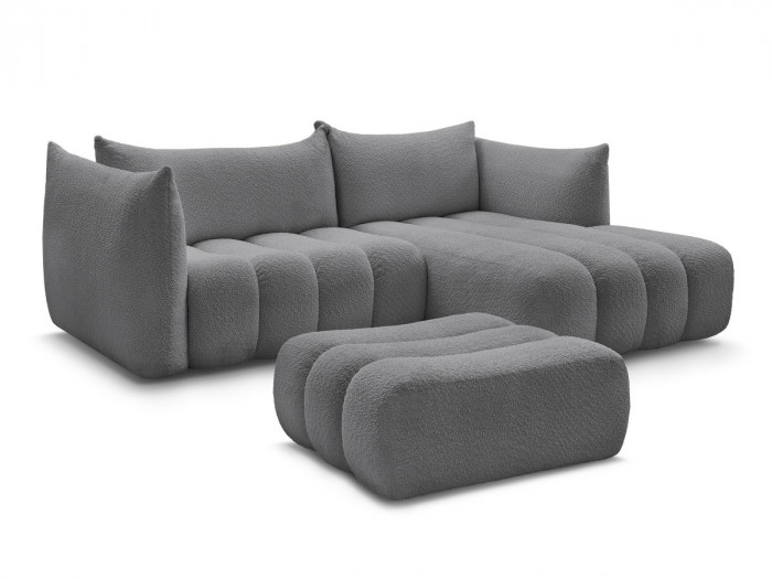 Canapé d'angle fixe AZRA tissu bouclette avec pouf