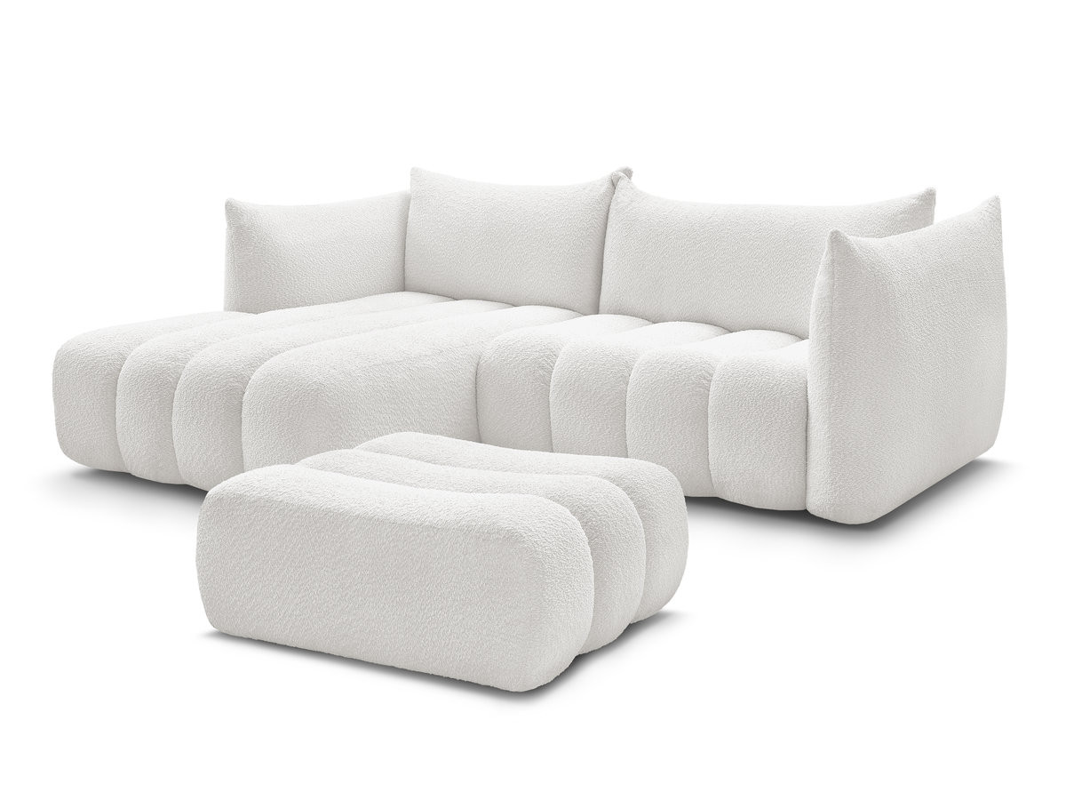 canapé d'angle fixe azra tissu bouclette avec pouf de couleur blanc